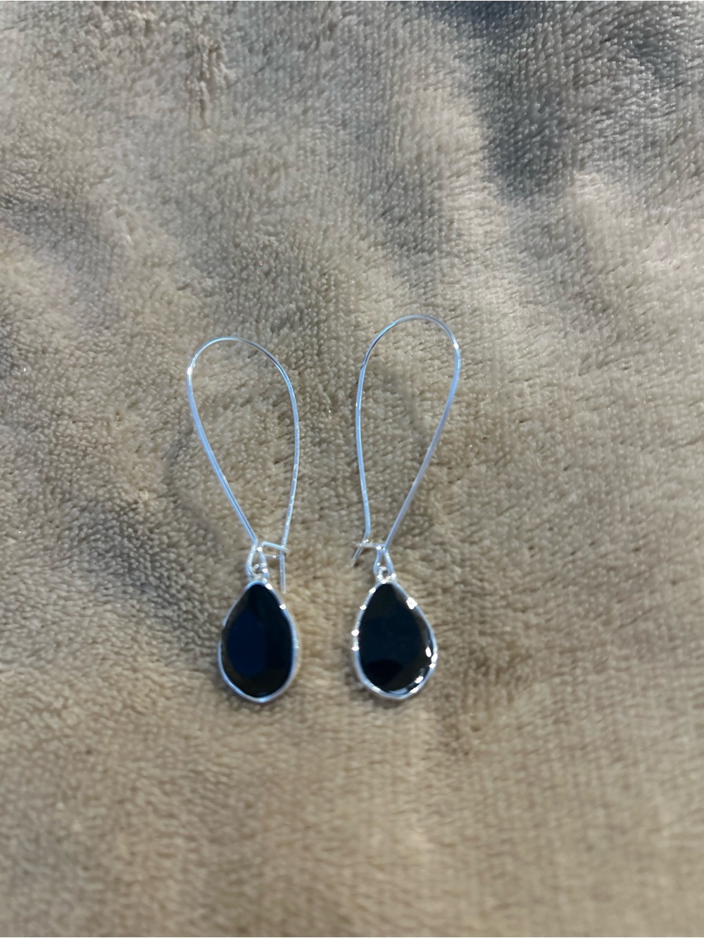 Silver Tone Teardrop Black Drop Earrings